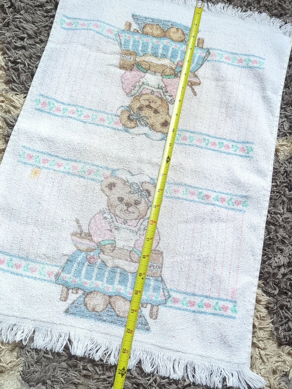 Cute Vintage Grannycore Teddy Bear Kitchen Towel Pink and Teal With Hearts